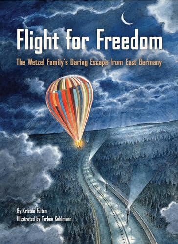 Book cover: hot air balloon over a road with searchlights.