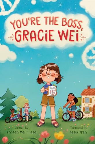 Book cover: girl with clipboard, friends biking, colorful neighborhood scene.