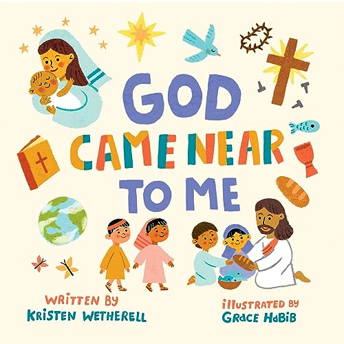 Children’s book cover with religious imagery: Jesus, Mary, and symbols.