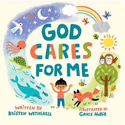 Book cover titled God Cares for Me featuring a child surrounded by nature illustrations.
