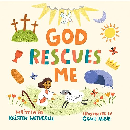 Book cover with colorful illustrations of Jesus, a lamb, and Easter symbols.