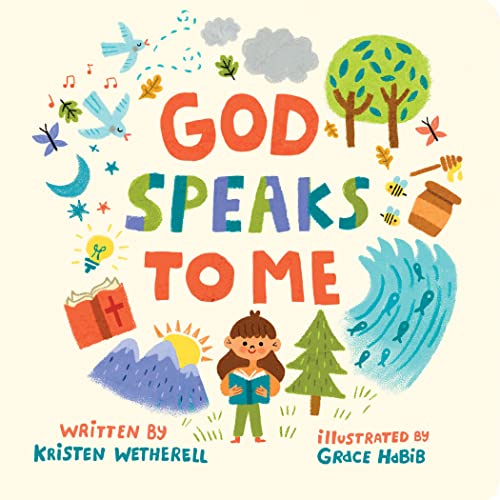 Children’s book cover, “God Speaks to Me,” with colorful illustrations.