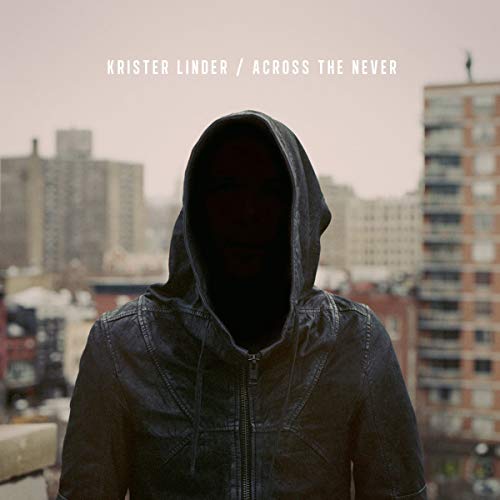 Hooded figure in a jacket, cityscape background, album cover for Krister Linder.