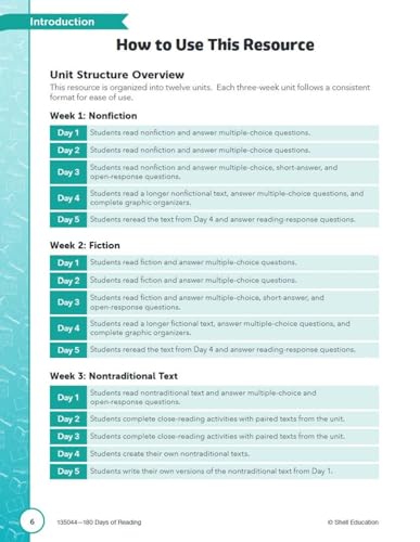 Second grade reading workbook page with daily activity descriptions and unit structure.