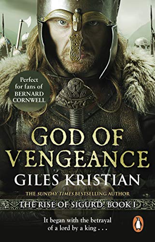A Viking warrior wearing a helmet holds a sword in front of his face.