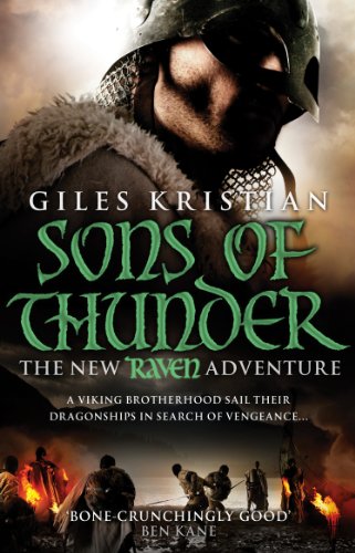 Viking warrior in helmet, book cover for “Sons of Thunder” by Giles Kristian.