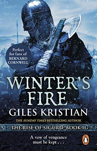 A Viking warrior in a helmet holds an axe against a snowy battlefield background.