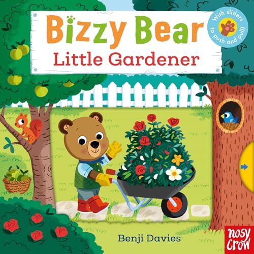 Bizzy Bear book cover with a bear gardening, sliders visible.