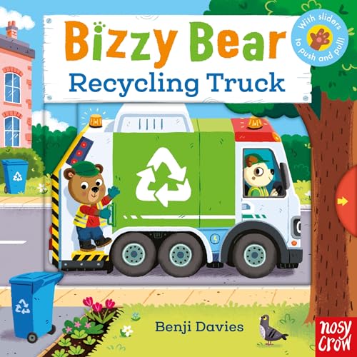 Bizzy Bear waves near a green recycling truck with interactive sliders.