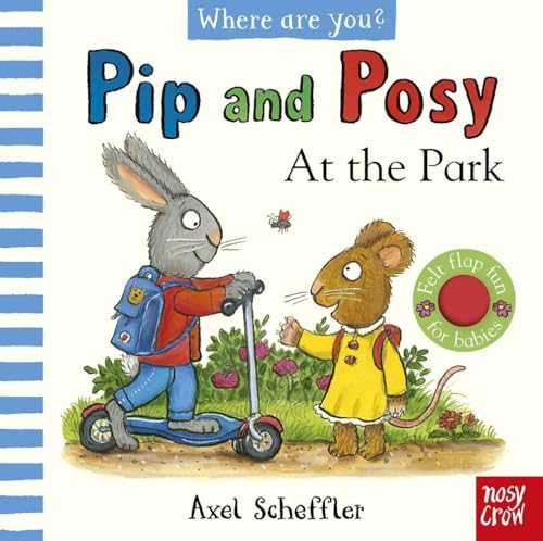 Pip the rabbit on a scooter and Posy the mouse standing in a park.