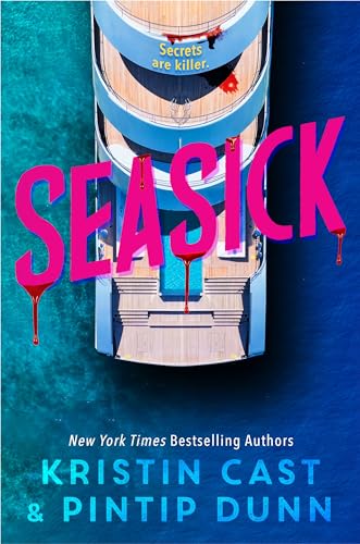 Book cover: yacht viewed from above, with dripping red title "SEASICK".