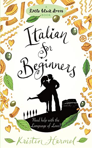 Book cover: "Italian for Beginners" with pasta, olives, and a couple's silhouette.