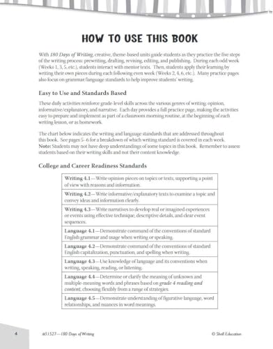 Open workbook page with writing instructions and standards for fourth grade.