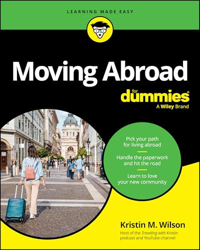 Book cover: "Moving Abroad For Dummies" with a woman pulling luggage.