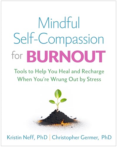 Book cover with title "Mindful Self-Compassion for Burnout" and a small plant.