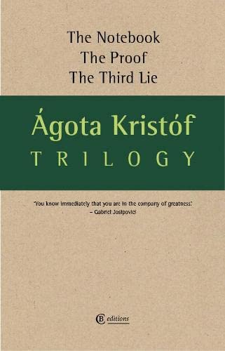 Book cover for Ágota Kristóf’s “Trilogy” with green band and white text.