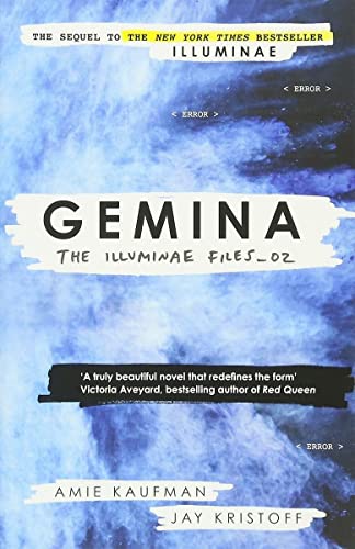 Book cover for "Gemina" with blue nebula background and white text.