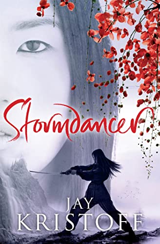 Book cover: woman with sword, red flowers, and large eye illustration.