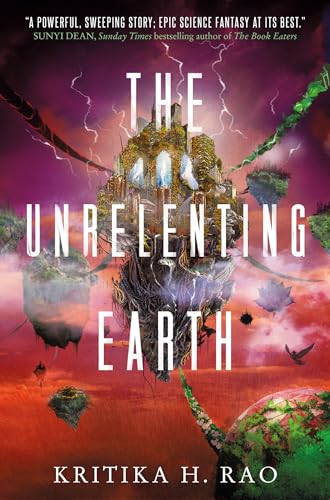 Book cover: floating islands and a crumbling city amidst stormy, colorful skies.