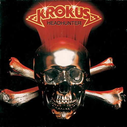 Krokus “Headhunter” CD cover: metallic skull with red mohawk and bones.