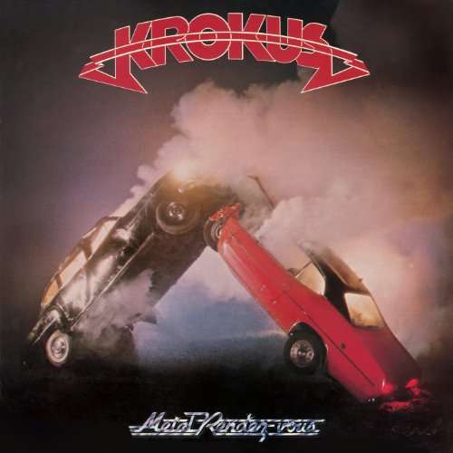Krokus album cover: two crashed cars with smoke and band logo.