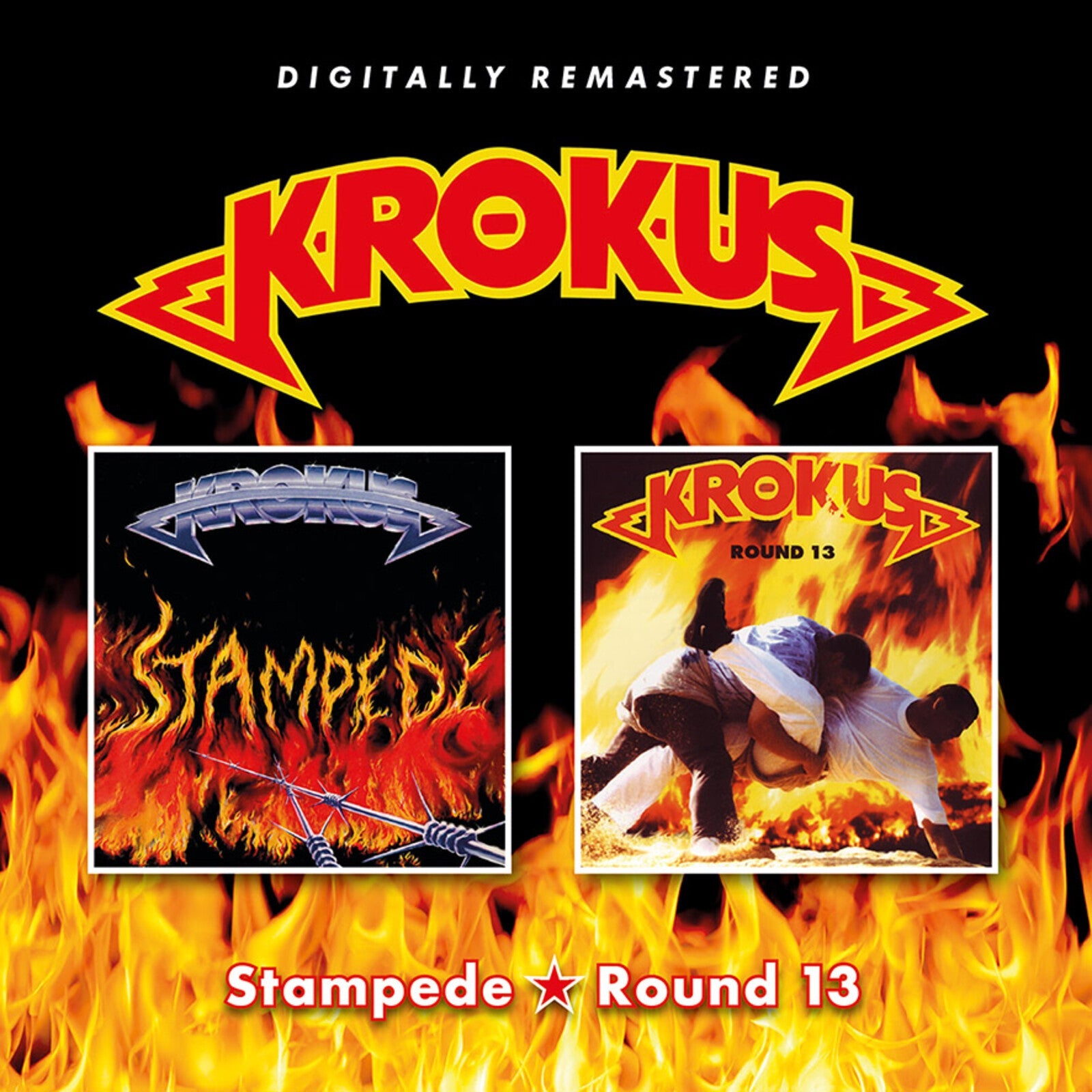 Krokus album cover art featuring Stampede and Round 13 against a background of flames.