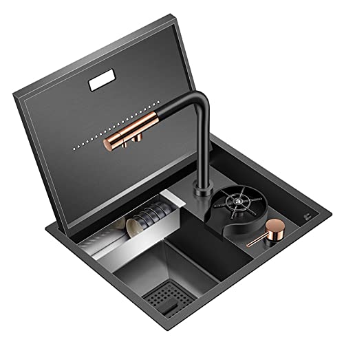 Black kitchen sink with copper accents and open lid detail.
