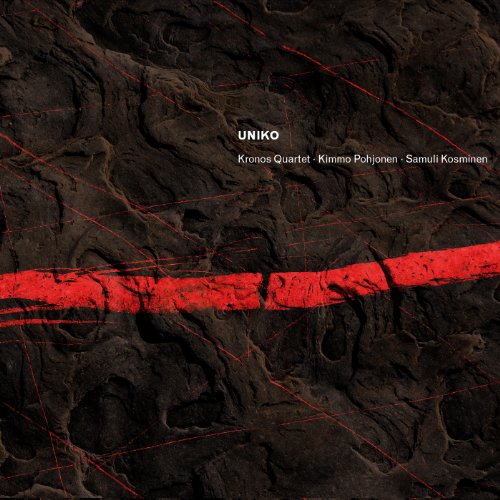 "Album cover with dark, textured background, red stripe, and white text."