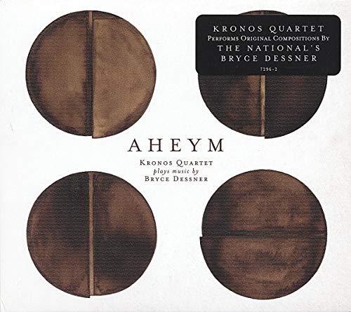CD cover for Kronos Quartet’s “Aheym” featuring four dark circular shapes.
