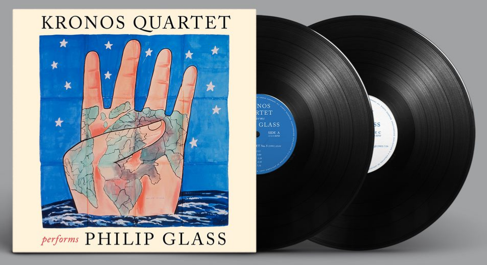 The image shows a vinyl record cover and two vinyl records. alt text: Vinyl album cover with hand illustration beside two black vinyl records.
