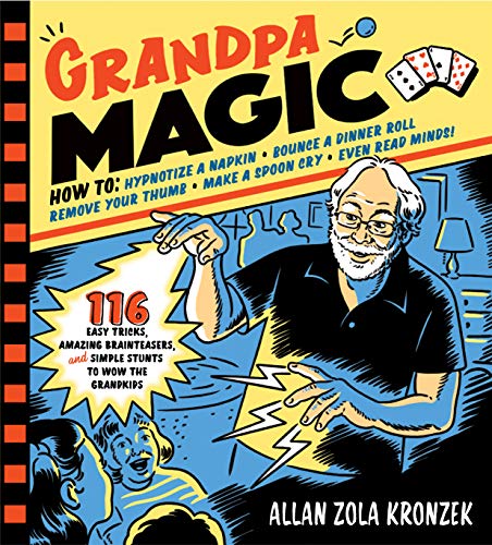 Book cover with illustrated grandpa performing a magic trick for children.