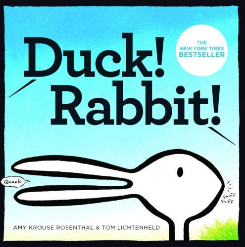 The image is a children's book cover featuring a simple illustration. "Children's book cover with duck/rabbit illustration, blue background, and authors' names at bottom."