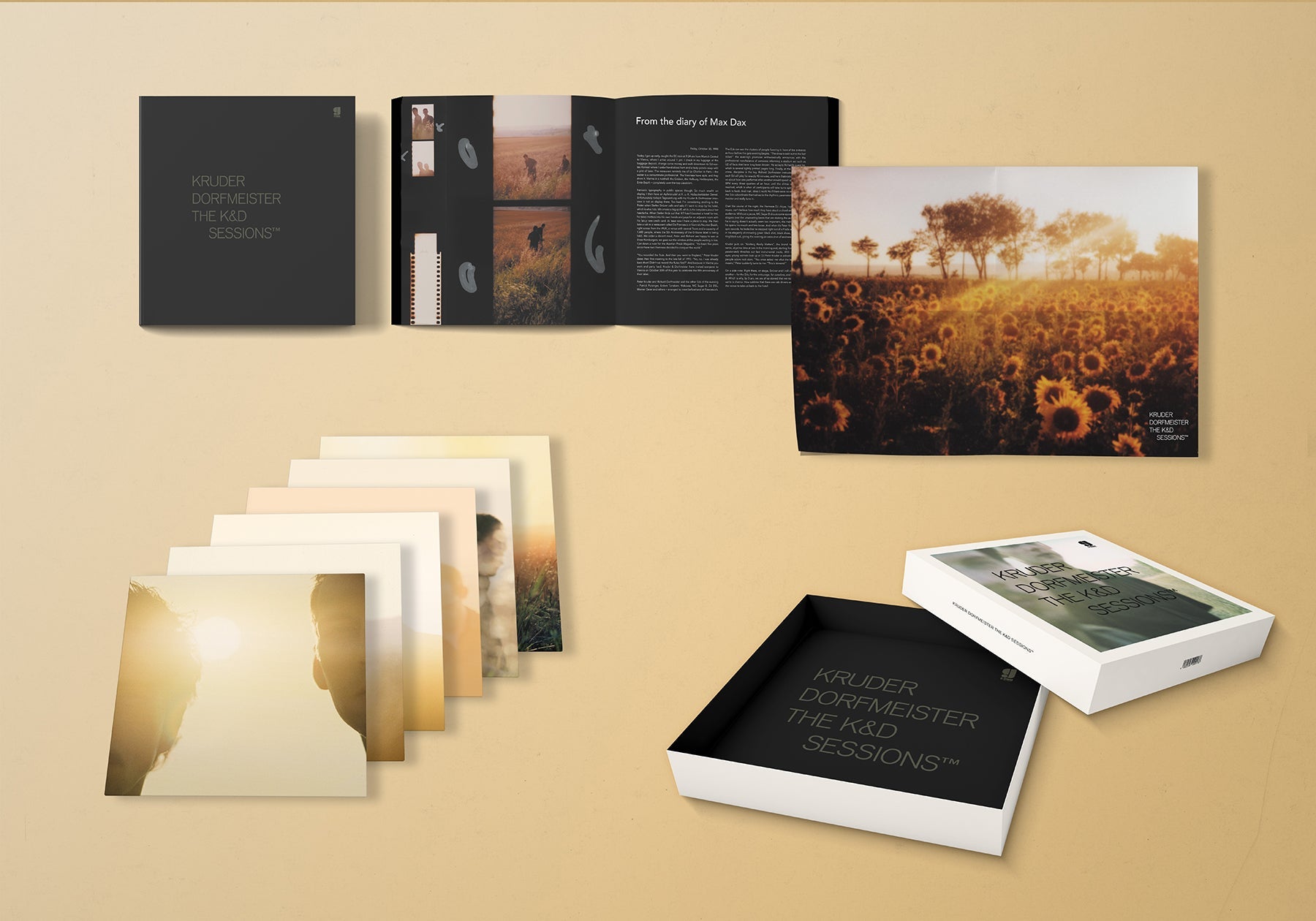 “Kruder/Dorfmeister” vinyl box set with records, booklet, and sunflower field imagery.