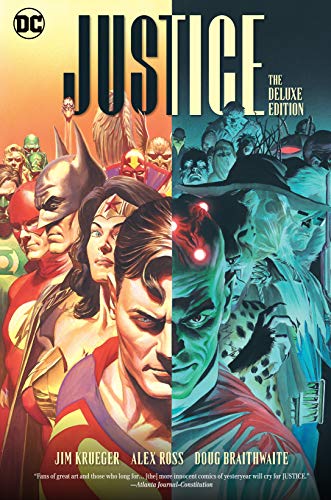Comic book cover split vertically betweenCC showing DC heroes on left and villains on right.
