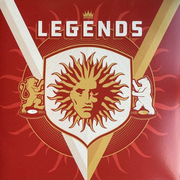 Vinyl record cover with a sun-face shield, lions, and bears.