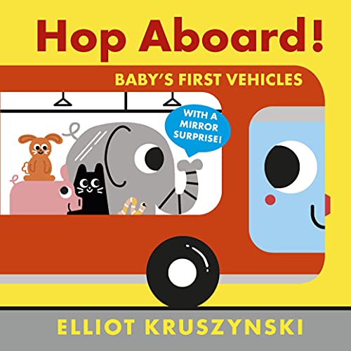 Bright red bus book cover with animal passengers and a mirror surprise.