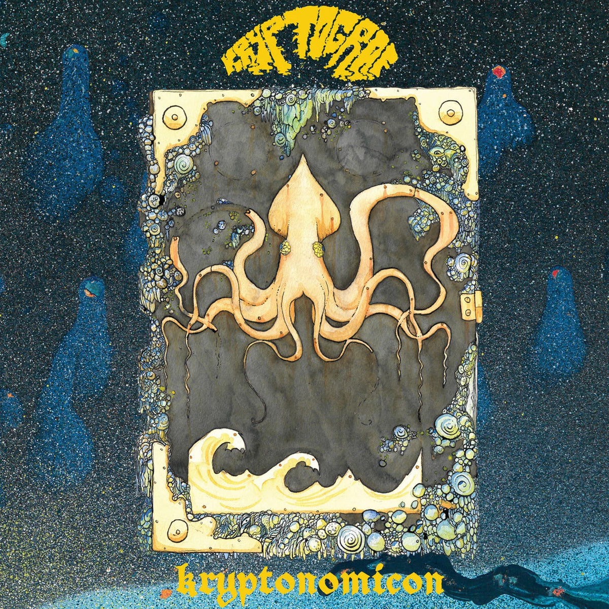 Yellow vinyl record cover featuring an octopus and waves, ornate frame.