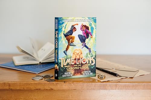 Book cover with two leaping children and a golden lion, open book nearby.