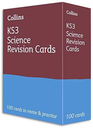 A box of Collins KS3 Science revision cards with a maroon and blue design.