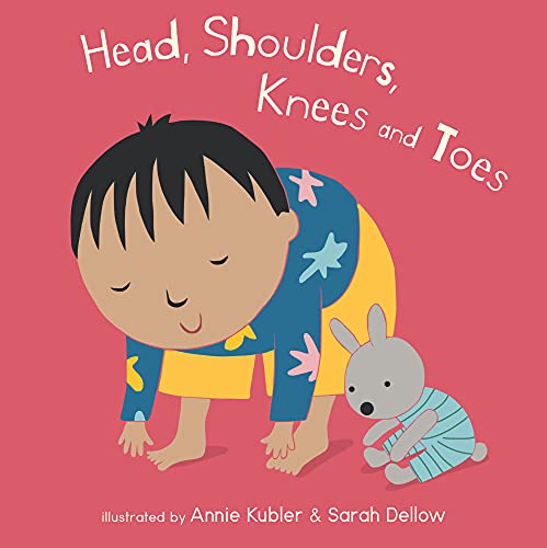 Book cover with a child touching toes, and a small stuffed bunny.