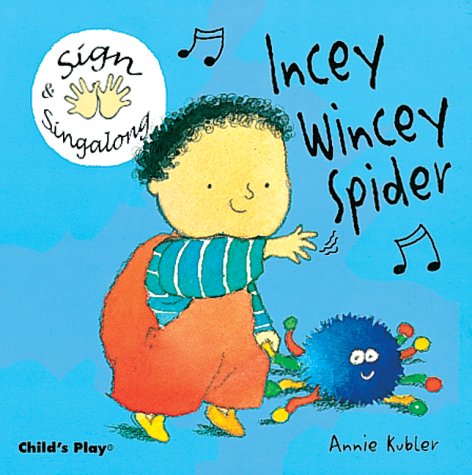 Child and blue spider illustration for the "Incey Wincey Spider" book.