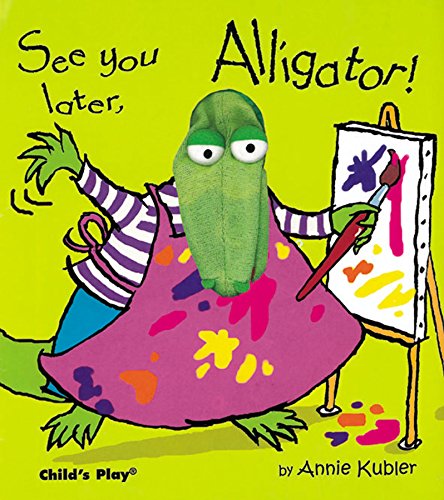A cartoon alligator painting on an easel with a paint-splattered smock on.