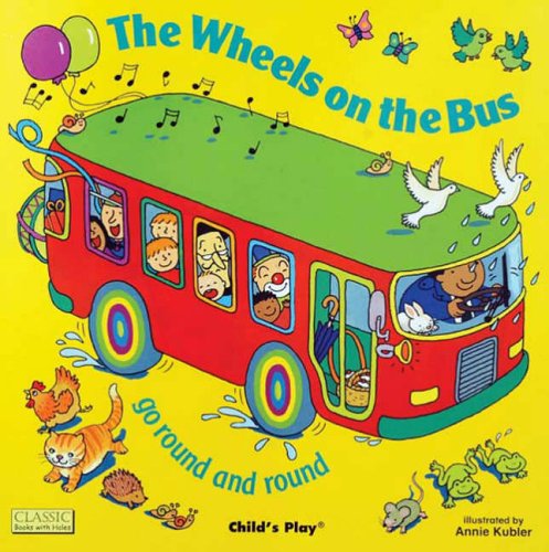 A red bus with colorful wheels and passengers on a bright yellow background.
