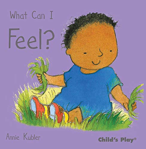 Book cover: baby touching grass, titled "What Can I Feel?".