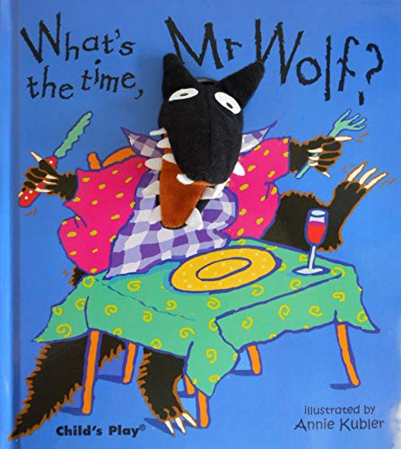 A wolf finger puppet sits at a table on the cover of a children's book.