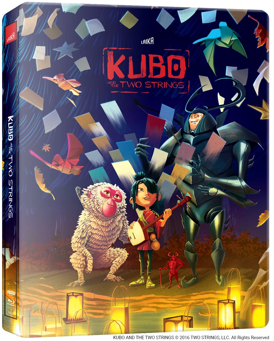 Kubo and the Two Strings" Blu-ray Steelbook cover featuring characters and origami.