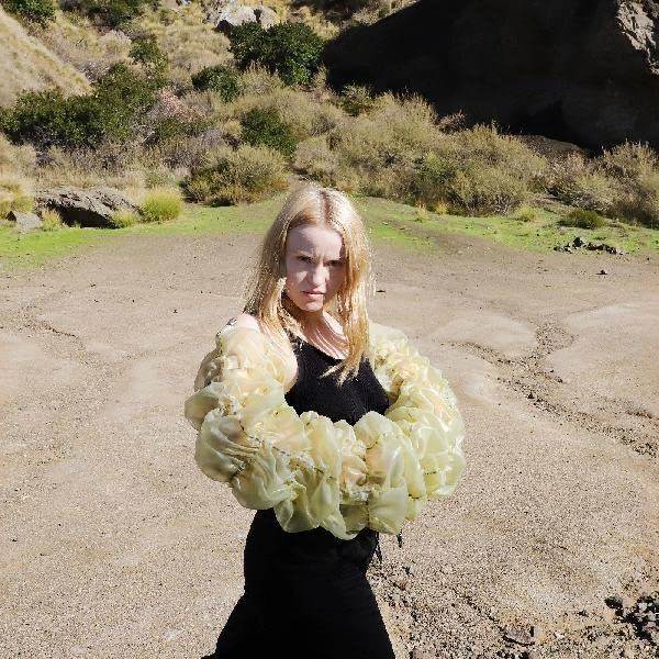 Blonde woman wearing a black top and ruffled translucent sleeves in a desert landscape.