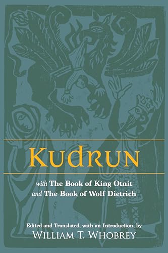 Book cover with teal woodcut-style illustration of figures and text titled Kudrun.