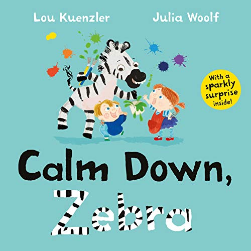 A zebra and two children play with paint on a light blue book cover.