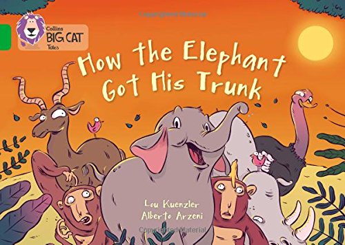 Book cover showing a cartoon elephant, antelope, ostrich, and monkeys in a savanna landscape.